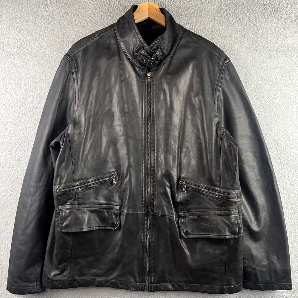 Banana Republic Mens Black Leather Jacket Mock Neck Zip Pocket XL